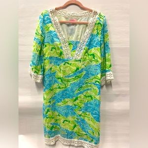 Lilly Pulitzer Sherman Turquoise Gator Alley Linen Lace Trim Tunic